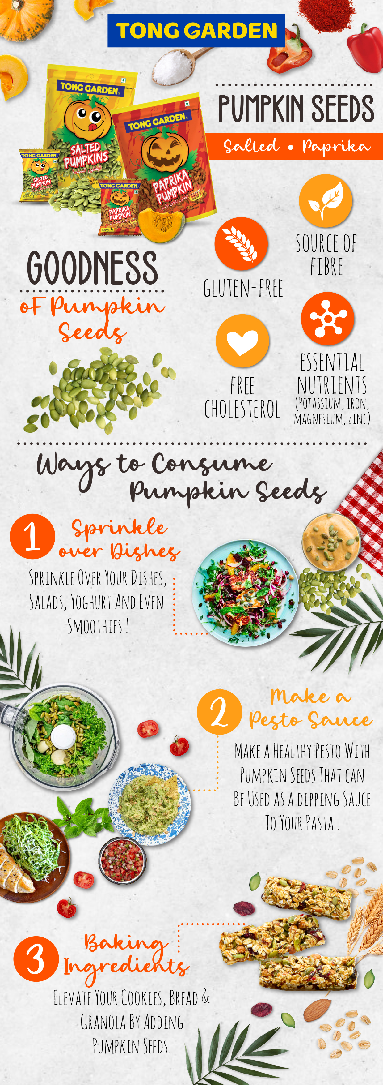 Pumpkin seeds infographic showing nutrition benefits protein fiber vitamins minerals healthy snack